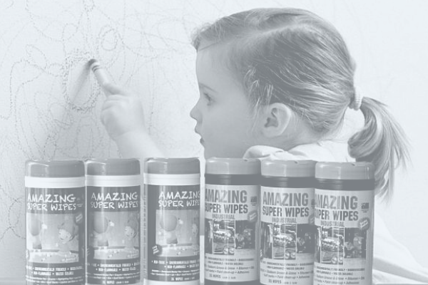 Superwipes and girl with crayons